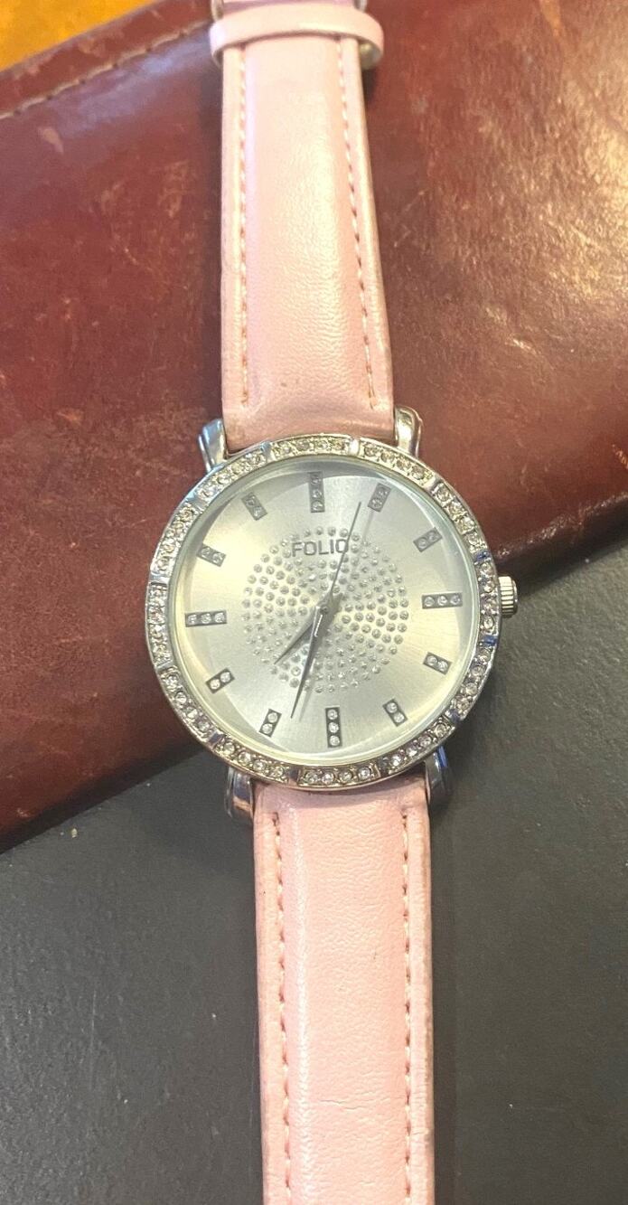 Women's 37mm silver Tone Folio Watch, Pale Pink Band, Crystal Accents